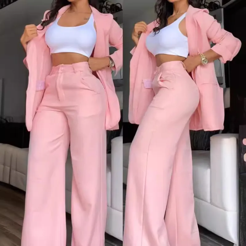 Women's Solid Color Lapel Blazer Coat Wide Leg Pants Set