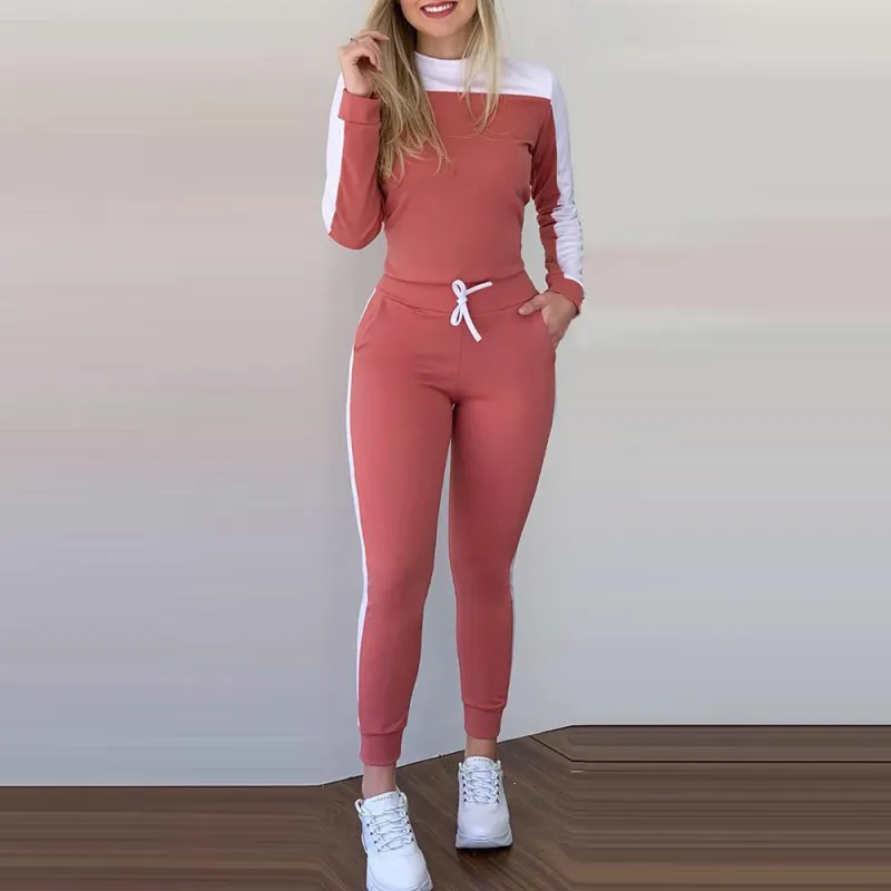 Women's Casual Street Hipster Polyester Long-Sleeve Top and Pants Two-Piece Set