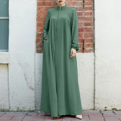 Women Casual Solid Color Long Sleeve Stand Collar Zip Cardigan Abaya Loose Maxi Dress