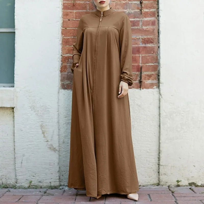 Women Casual Solid Color Long Sleeve Stand Collar Zip Cardigan Abaya Loose Maxi Dress