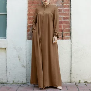 Women Casual Solid Color Long Sleeve Stand Collar Zip Cardigan Abaya Loose Maxi Dress