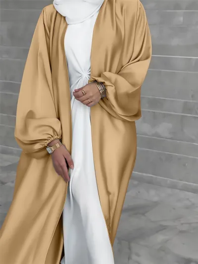Women's Solid Color Abaya Long Sleeve Cardigan with Lantern Sleeves
