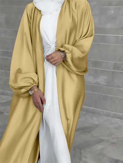 Women's Solid Color Abaya Long Sleeve Cardigan with Lantern Sleeves