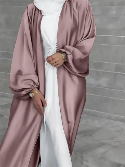 Women's Solid Color Abaya Long Sleeve Cardigan with Lantern Sleeves