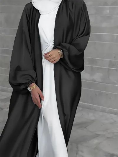 Women's Solid Color Abaya Long Sleeve Cardigan with Lantern Sleeves