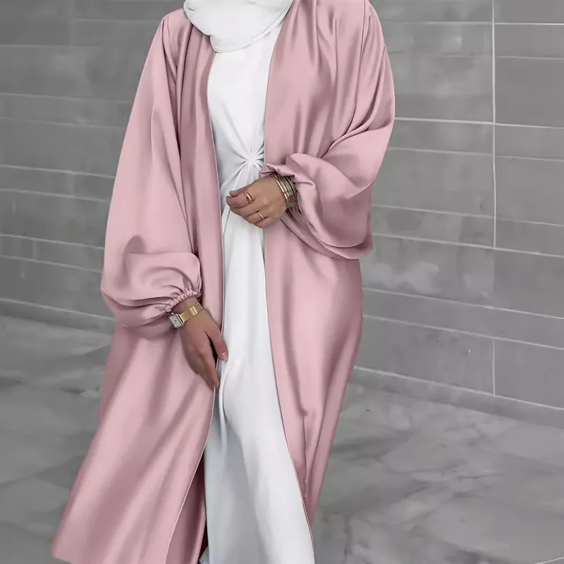 Women's Solid Color Abaya Long Sleeve Cardigan with Lantern Sleeves