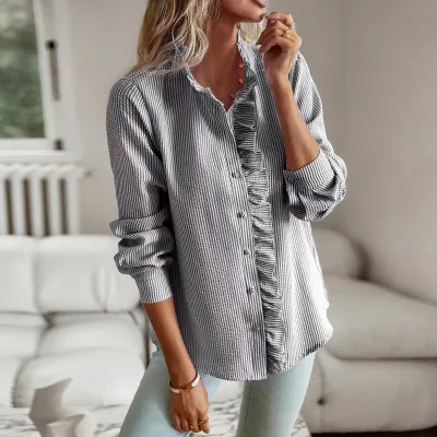 Women Fashion Solid Color Ruffled Long Sleeve Bubble Blouses