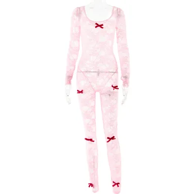 Women Fashion Sexy Lace Perspective Bow Tight Long Sleeve Jumpsuits