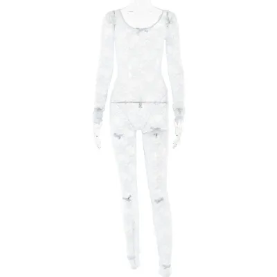 Women Fashion Sexy Lace Perspective Bow Tight Long Sleeve Jumpsuits