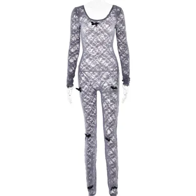 Women Fashion Sexy Lace Perspective Bow Tight Long Sleeve Jumpsuits