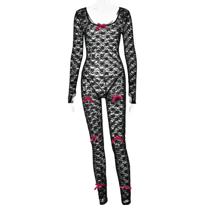 Women Fashion Sexy Lace Perspective Bow Tight Long Sleeve Jumpsuits