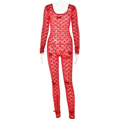 Women Fashion Sexy Lace Perspective Bow Tight Long Sleeve Jumpsuits