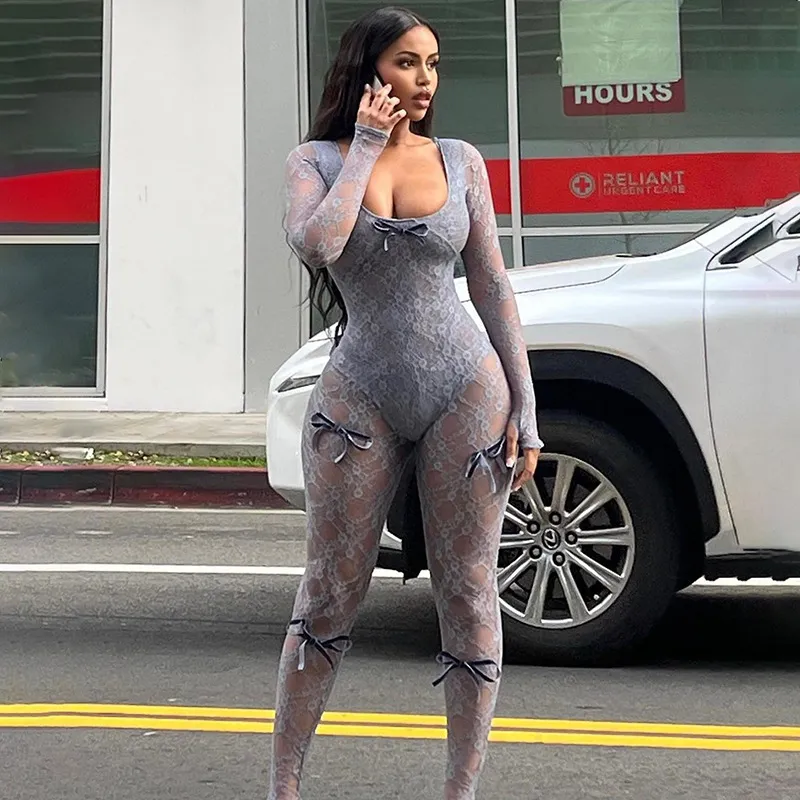 Women Fashion Sexy Lace Perspective Bow Tight Long Sleeve Jumpsuits