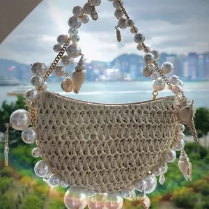 Women Fashion Straw Pearl Shell Woven Round Shoulder Handbag