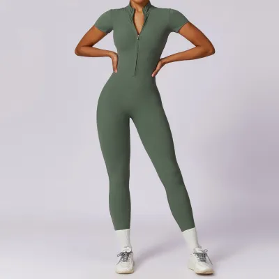 Women's Solid Color Nylon Jumpsuit with Zipper Short Sleeve