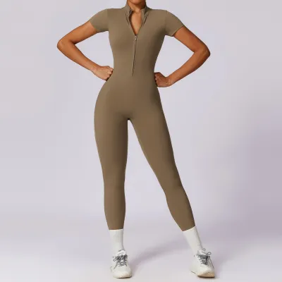 Women's Solid Color Nylon Jumpsuit with Zipper Short Sleeve
