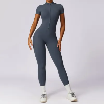 Women's Solid Color Nylon Jumpsuit with Zipper Short Sleeve
