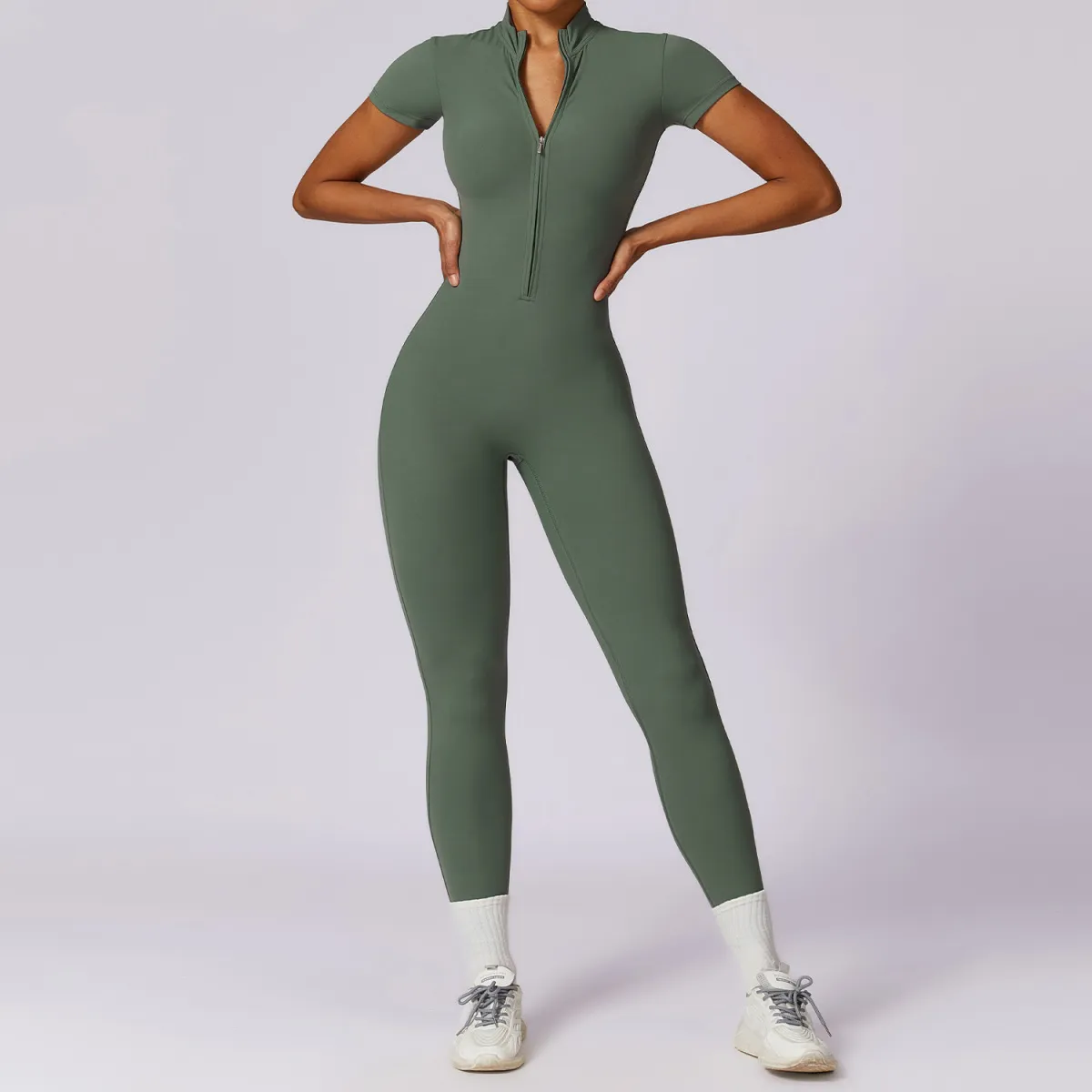 Women's Solid Color Nylon Jumpsuit with Zipper Short Sleeve