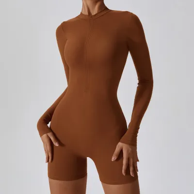 Women's Yoga Long Sleeve Zipper Rompers - Solid Color Sportswear Bottoms