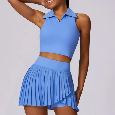 Women's Yoga Tennis Sport Skirt Set - Solid Color Sleeveless