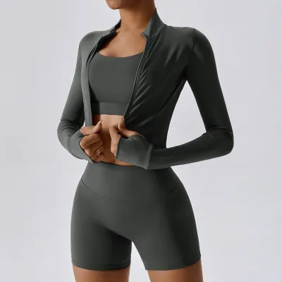Women's Solid Color Yoga Three-Piece Set - Tight Fit Nylon Blended