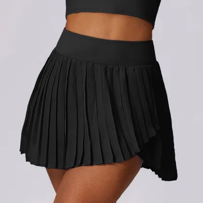 Women Fashion Solid Color Tennis Badminton Irregular Hem Sports Pleated Skirt