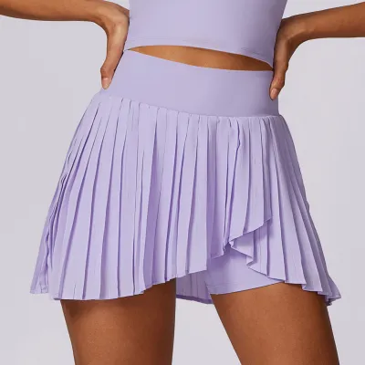 Women Fashion Solid Color Tennis Badminton Irregular Hem Sports Pleated Skirt