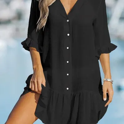 Summer Women Casual V-Neck Solid Color Swimsuit Cover-Up Cardigan