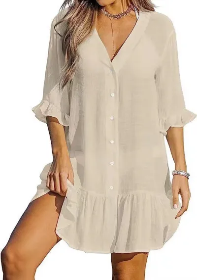 Summer Women Casual V-Neck Solid Color Swimsuit Cover-Up Cardigan