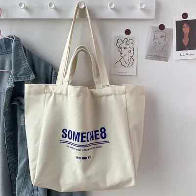 Women Fashionable Simple Letter Print Plaid Large Capacity Canvas Tote Bag
