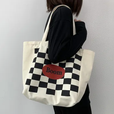 Women Fashionable Simple Letter Print Plaid Large Capacity Canvas Tote Bag