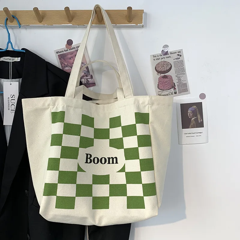 Women Fashionable Simple Letter Print Plaid Large Capacity Canvas Tote Bag