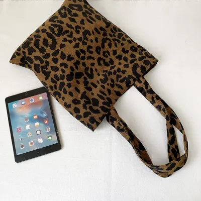 Women Corduroy Leopard Print Canvas Tote Bag Large Capacity