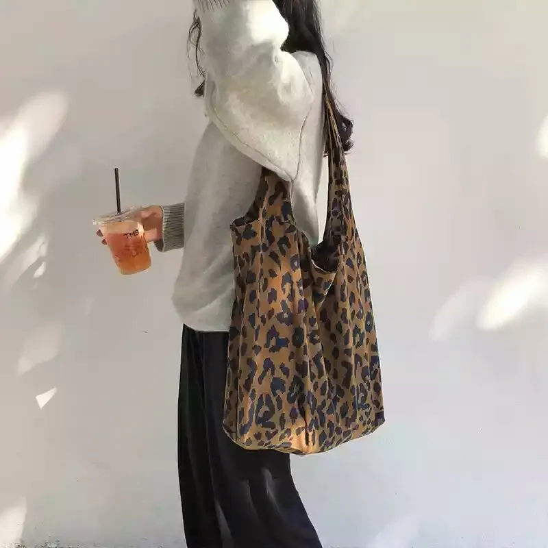 Women Corduroy Leopard Print Canvas Tote Bag Large Capacity