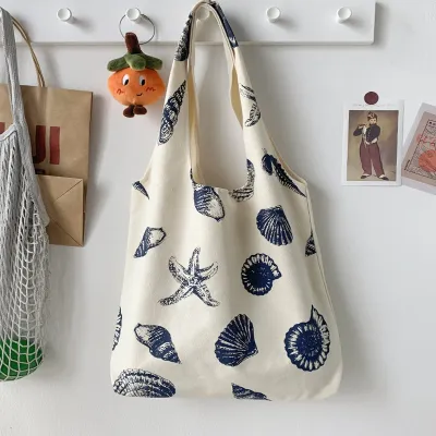 Summer Women Casual Canvas Tote Bag with Leaf Flower Print