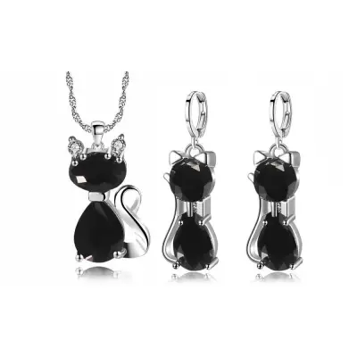 Women Fashion Rhinestone Kitten Cartoon Necklace Earrings Set