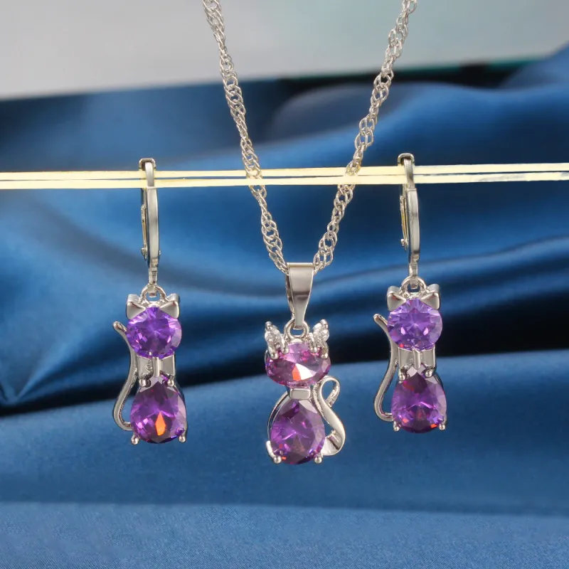 Women Fashion Rhinestone Kitten Cartoon Necklace Earrings Set
