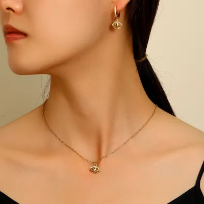 Women Fashion Devil's Eye Titanium Steel Necklace Earrings Set