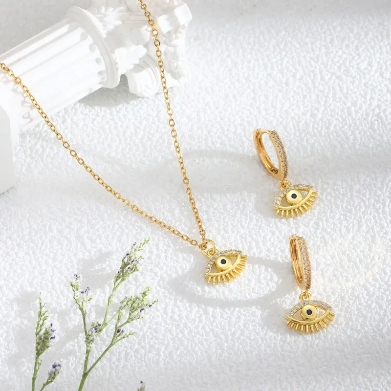 Women Fashion Devil's Eye Titanium Steel Necklace Earrings Set