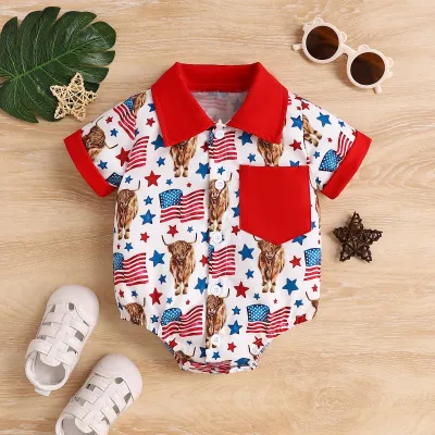 Kids Baby Boys Casual Cute Party Independence Day Stars Short Sleeve Lapel Romper