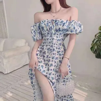 Women Fashion Floral Print Off-Shoulder Slit Side Dress