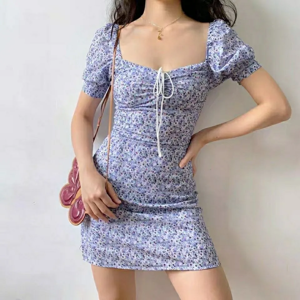 Women Fashion Tiny Floral Print Square Neck Puff Sleeve Bodycon Dress