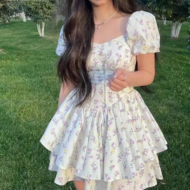Women Fashion Tiny Flower Print Puff Sleeve Dress