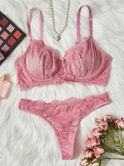 Women Sexy Lace Perspective Bra Set Three-Point Lingerie