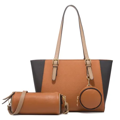 Women Fashion Large Capacity Color Block Cylindrical Handle Shoulder Bag Two-Piece Set