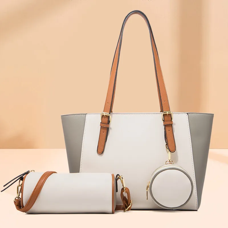 Women Fashion Large Capacity Color Block Cylindrical Handle Shoulder Bag Two-Piece Set