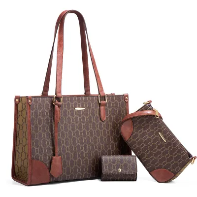 Women Fashion Vintage Old Flower Large Capacity Wallet Square Handle Bag Three-Piece Set