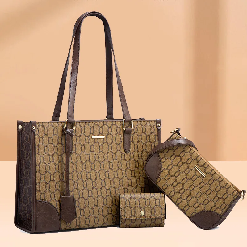 Women Fashion Vintage Old Flower Large Capacity Wallet Square Handle Bag Three-Piece Set