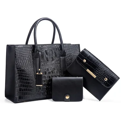 Women Fashion Crocodile Pattern Large Capacity Square Wallet Handle Bag Three-Piece Set