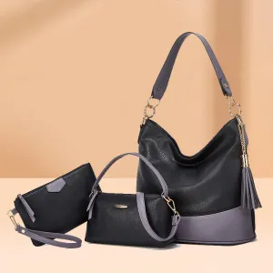 Women's Fashionable Simple Tassel Pendant Large Capacity Handle Shoulder Bag Three-Piece Set